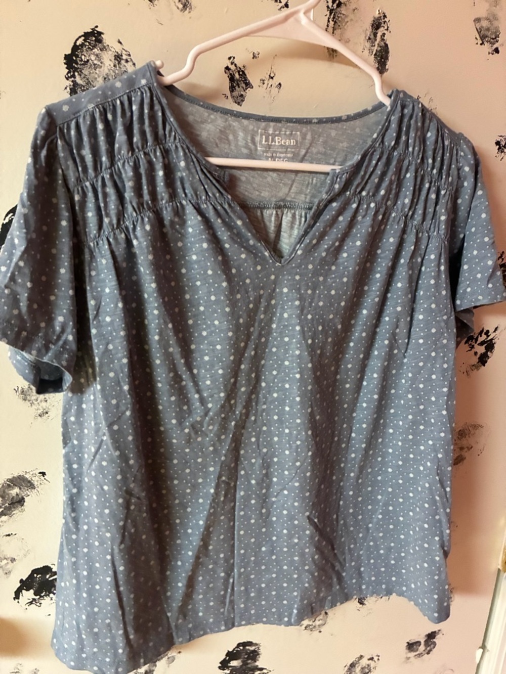 L.L. Bean Light Blue Polka Dot Short Sleeve Peasant Top